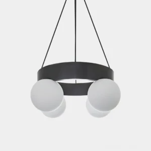 Asterios black metal ring chandelier with frosted white glass globes - front top-down product view