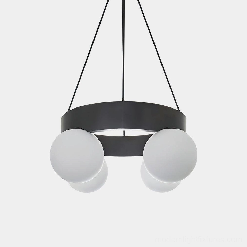 Asterios black metal ring chandelier with frosted white glass globes - front top-down product view