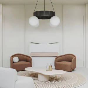 Modern black ring globe pendant chandelier installed in minimalist living room - eye-level view