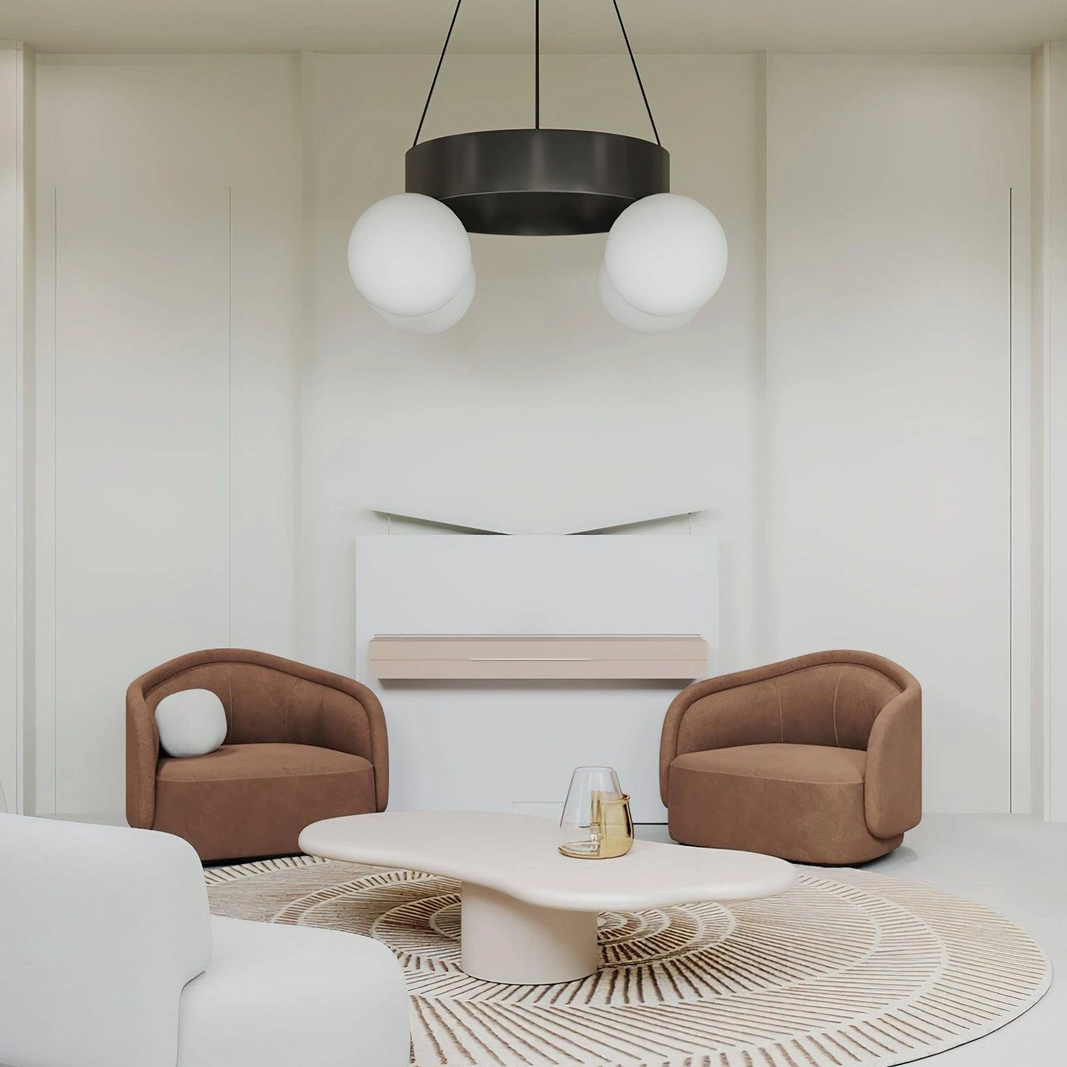 Modern black ring globe pendant chandelier installed in minimalist living room - eye-level view