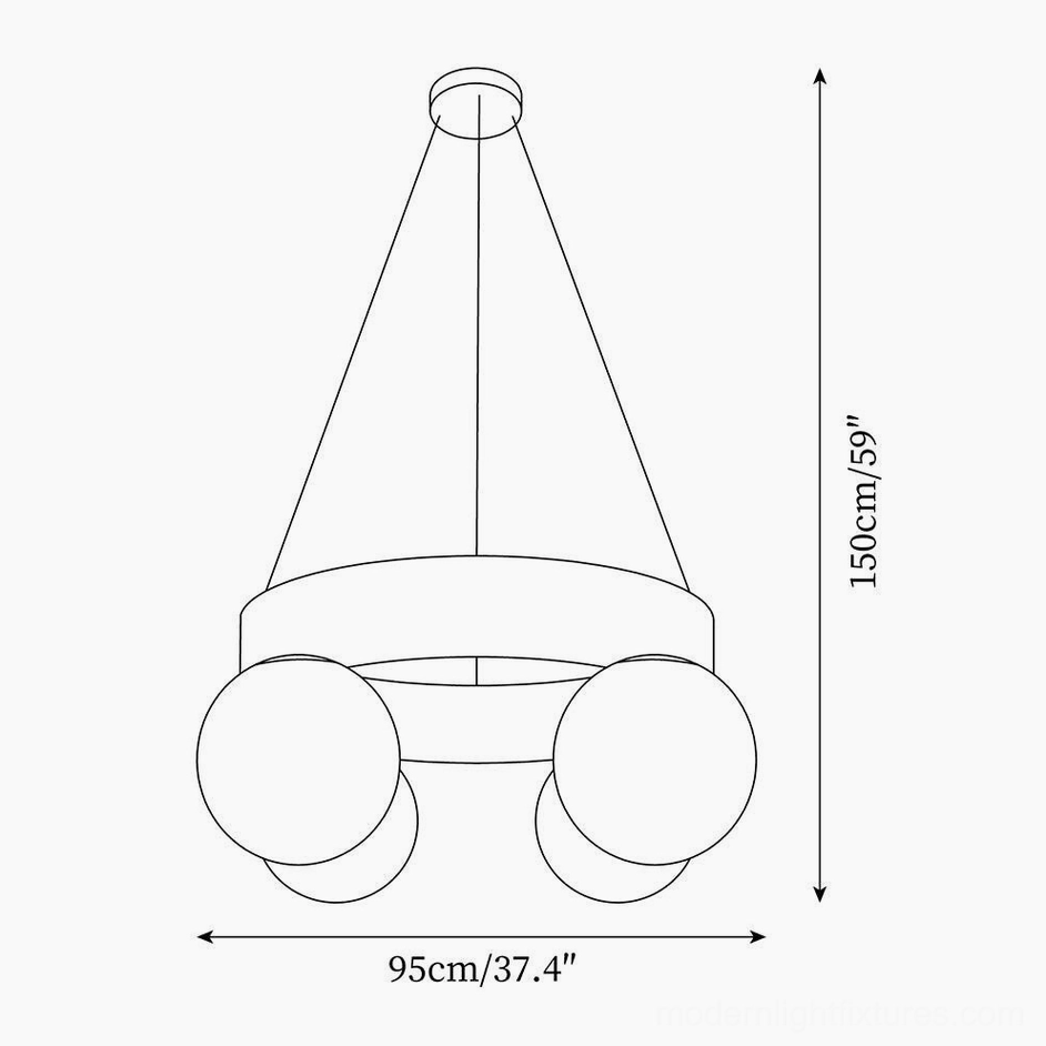 Asterios chandelier technical schematic with dimensions - 95cm diameter, 150cm height specification