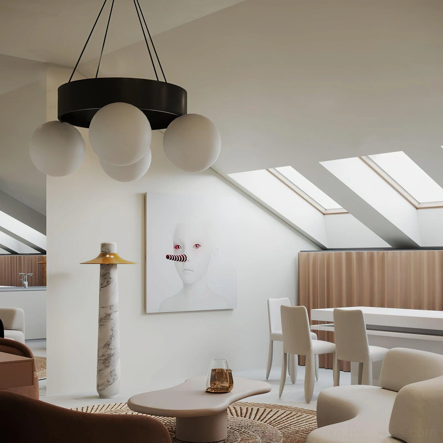 Contemporary black ring globe chandelier in modern dining area with skylight - residential interior