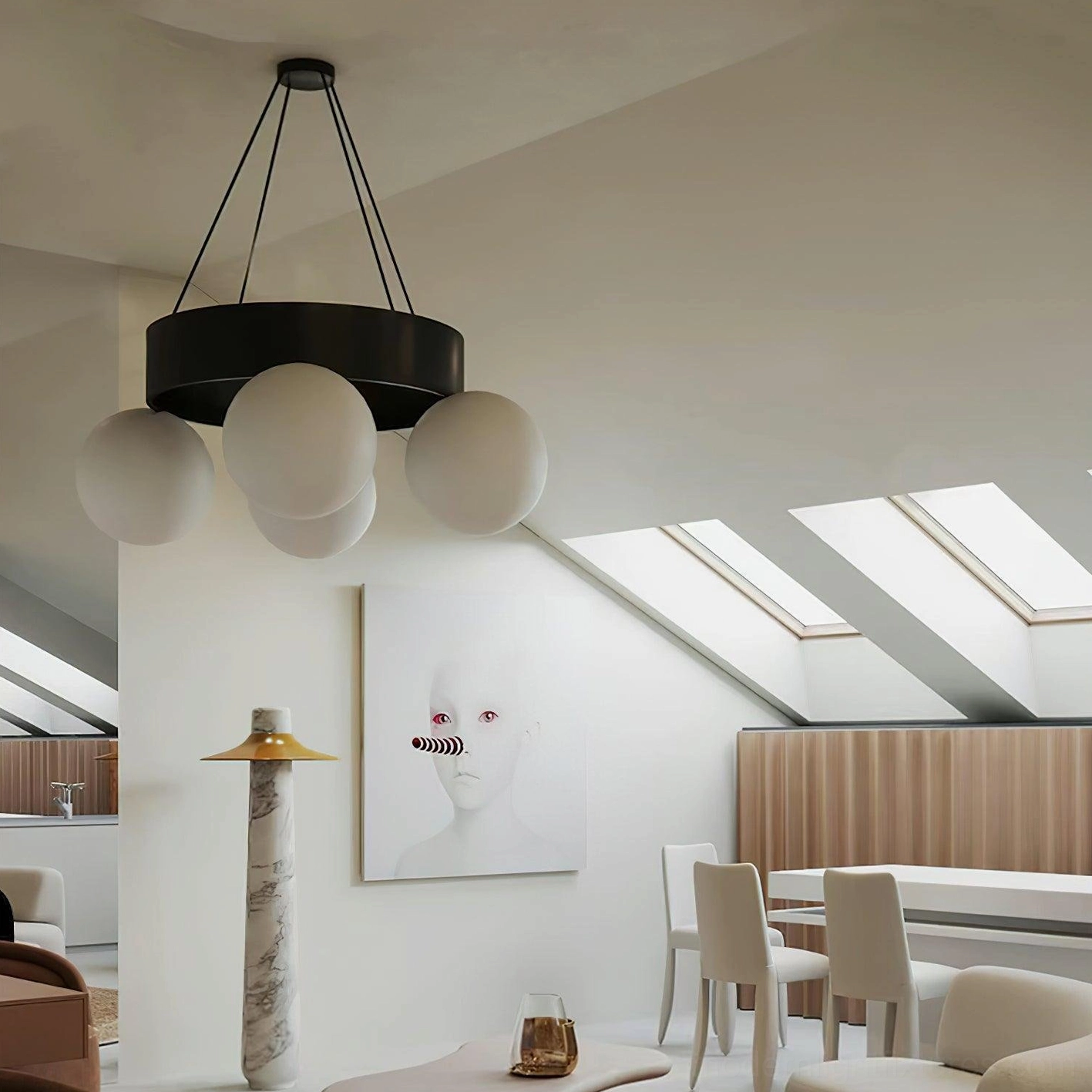 Modern Asterios chandelier with frosted white glass spheres and adjustable hanging cable system