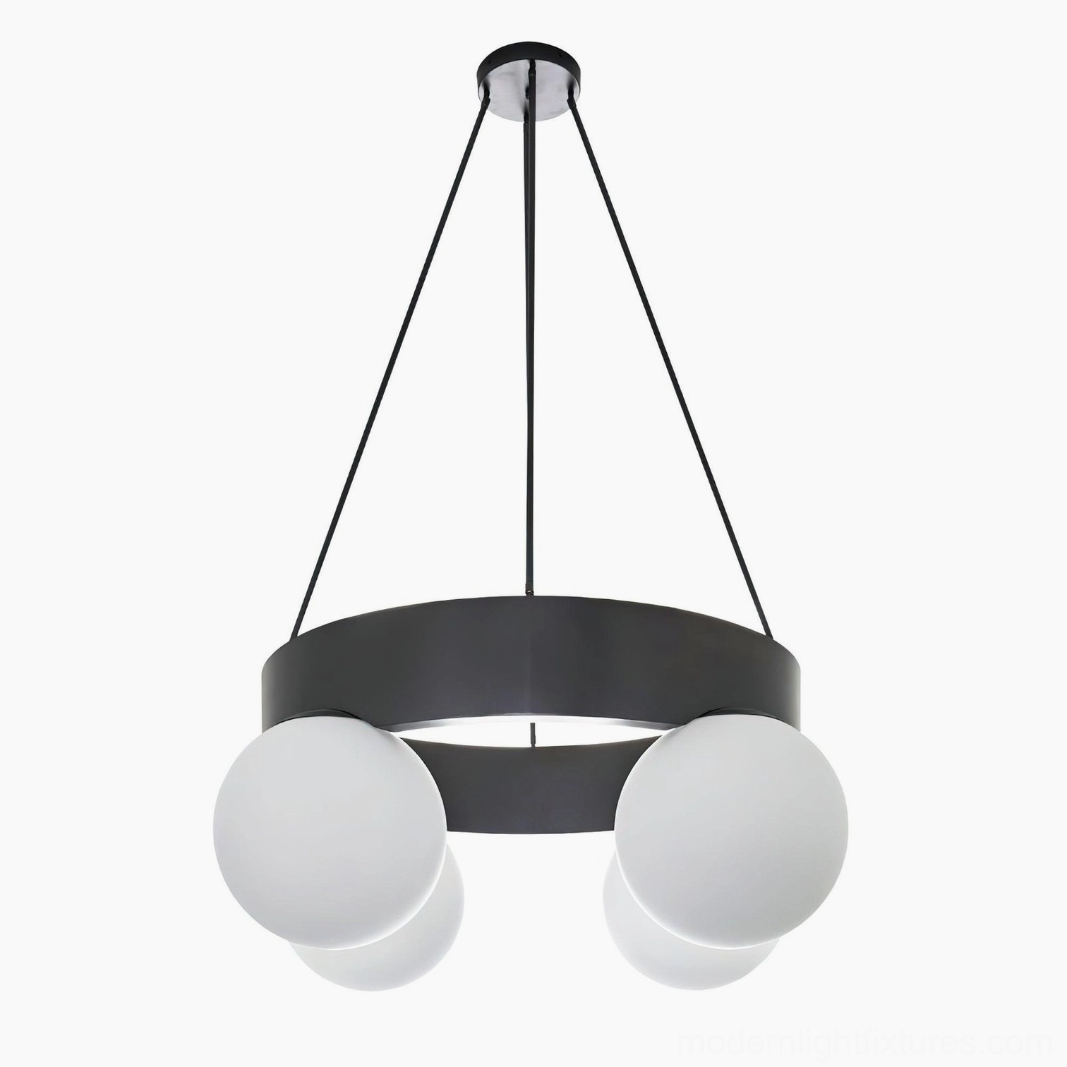 Asterios black frame pendant chandelier with paired frosted white glass globes - minimalist modern design