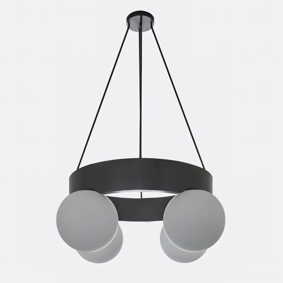 Asterios black metal ring pendant lamp with frosted gray-white glass globes - close-up studio shot