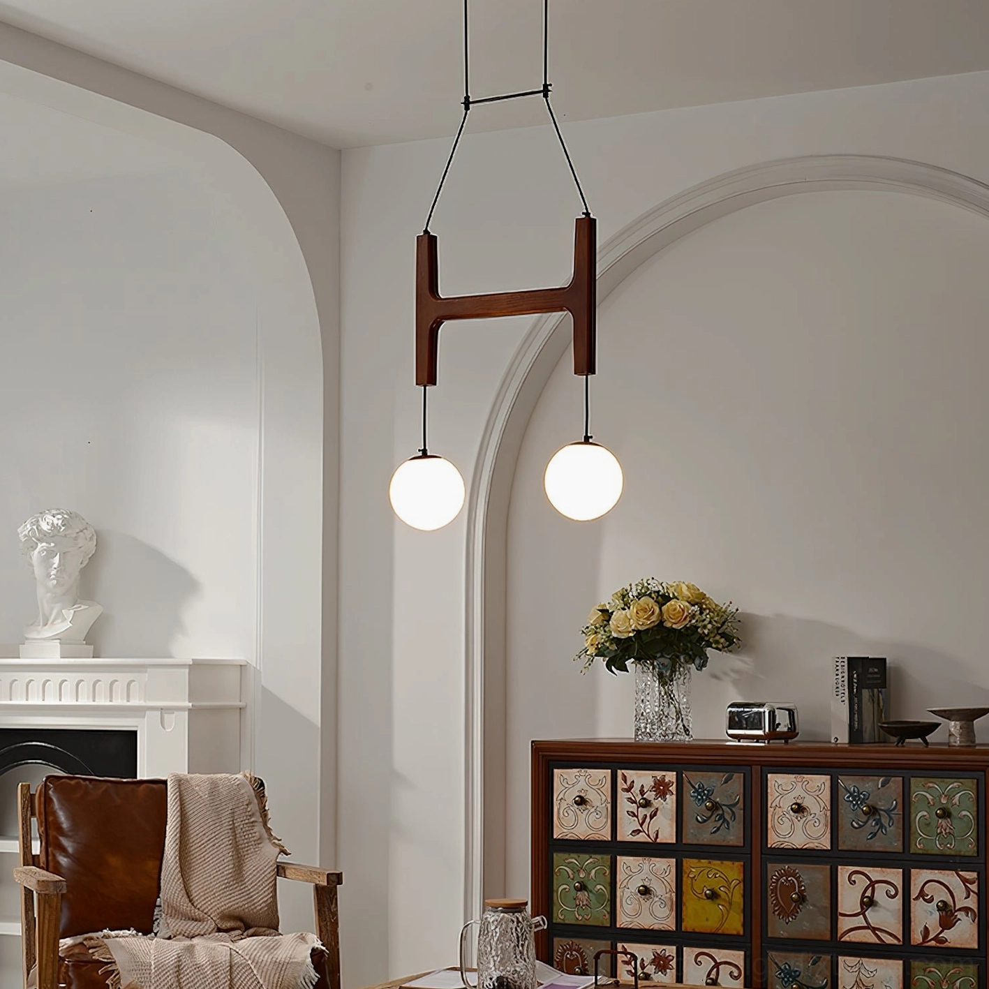 Astra 2-head wooden pendant light dark walnut mid-century modern living room