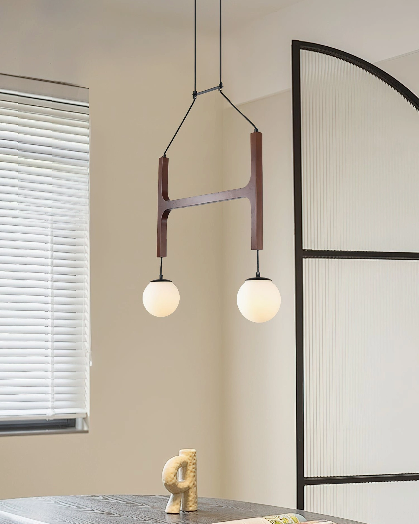 Astra minimalist 2-light pendant lamp dark walnut opal glass shades dining