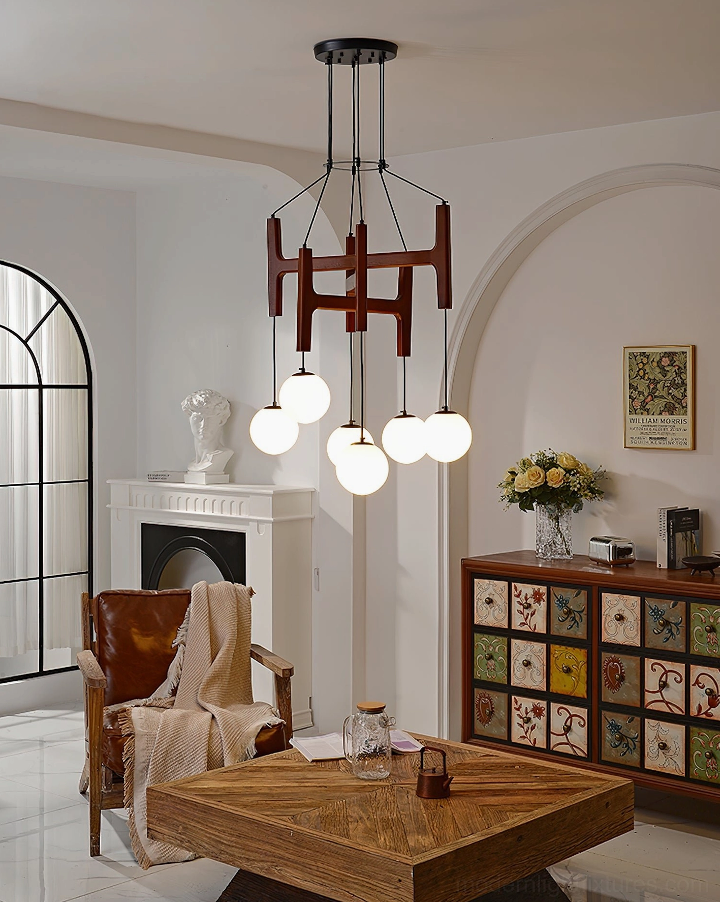Astra 6-head wooden chandelier statement lighting high ceiling space