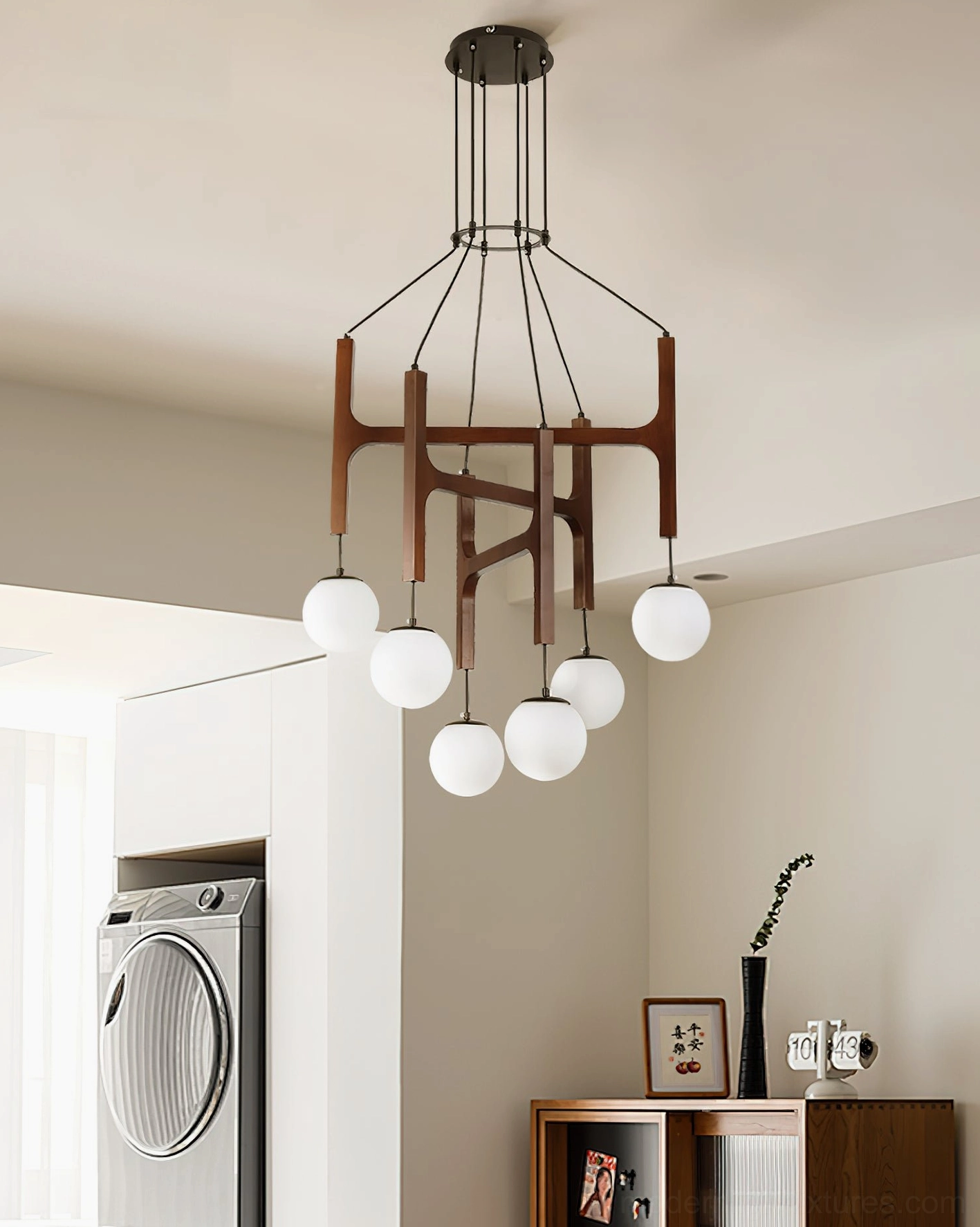 Astra 6-light wooden globe chandelier black hardware walnut frame apartment