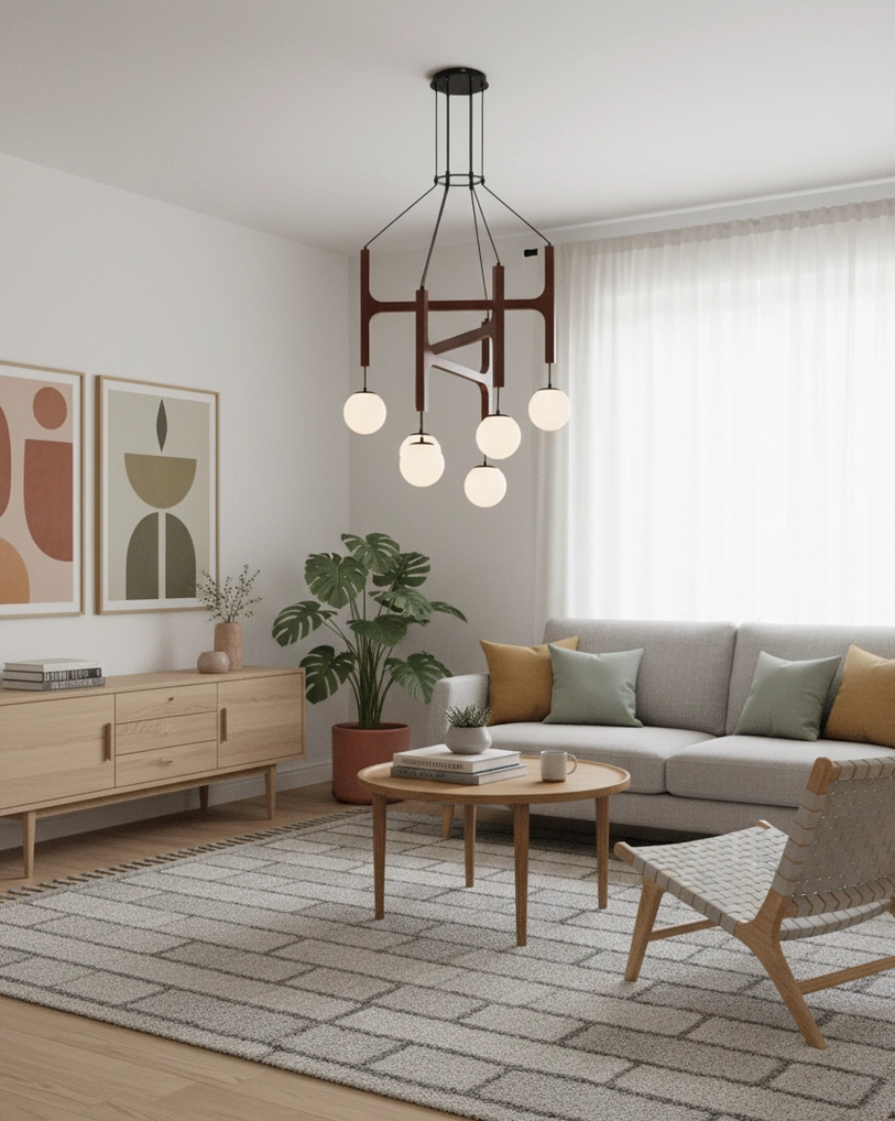 Astra wood and glass chandelier matte black fittings walnut frame