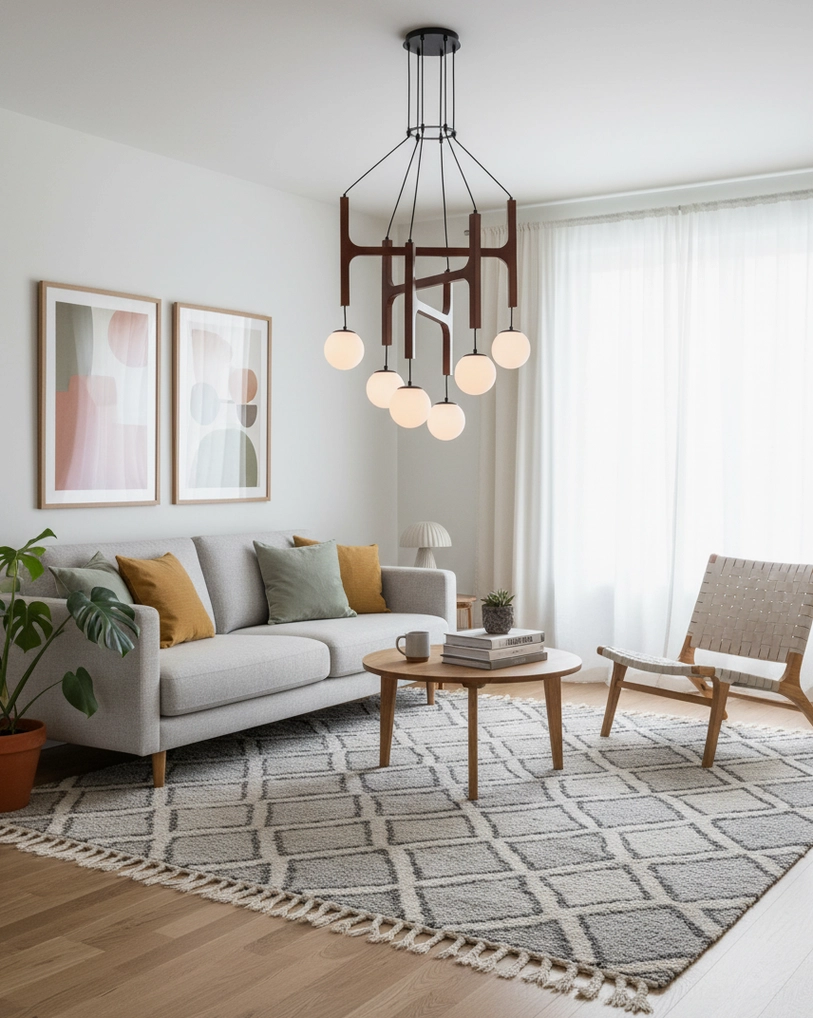 Astra minimalist wooden pendant with white glass globe Scandinavian style