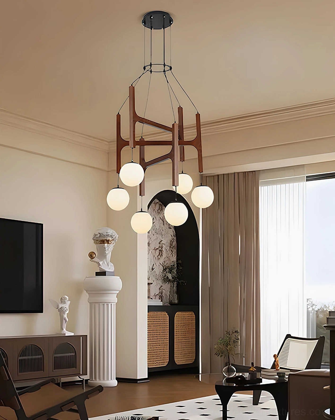 Astra walnut wood chandelier architectural globe arrangement detail