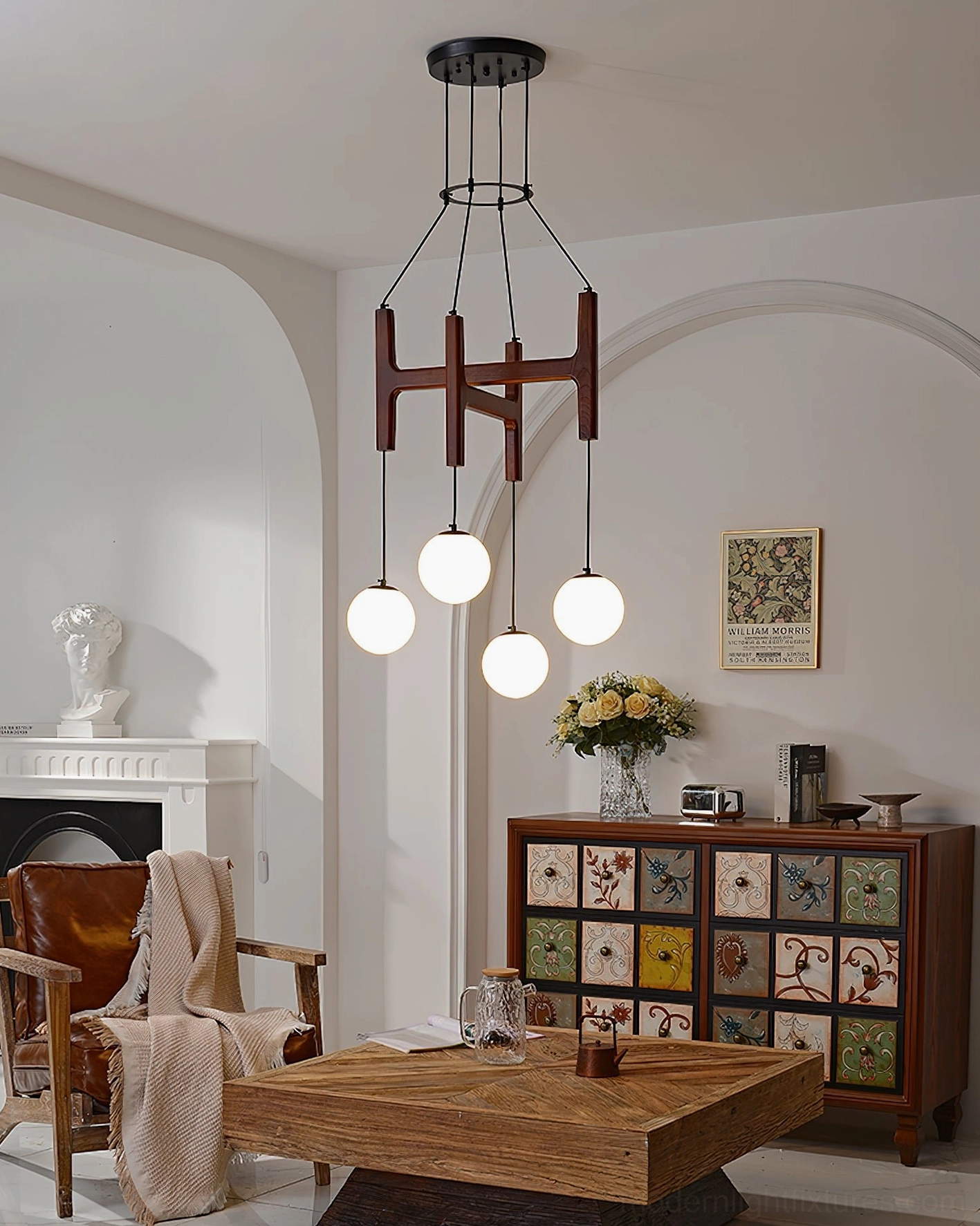 Astra walnut wood globe chandelier contemporary living room installation
