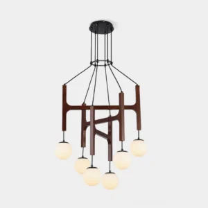 Astra walnut wood globe chandelier with white glass shades studio overhead view