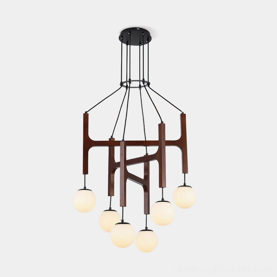 Astra walnut wood globe chandelier with white glass shades studio overhead view