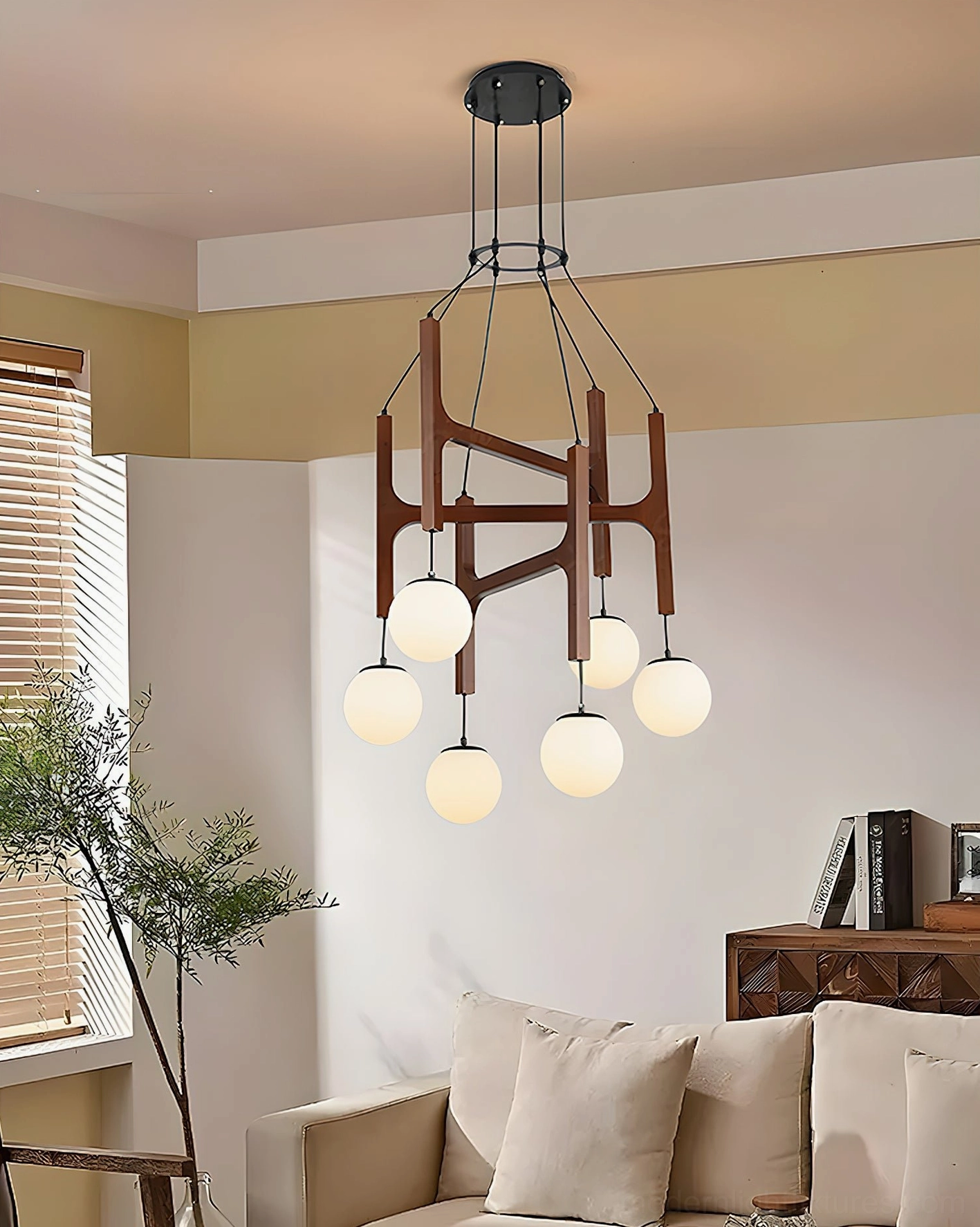 Astra wood chandelier opal glass shades matte black suspension hardware