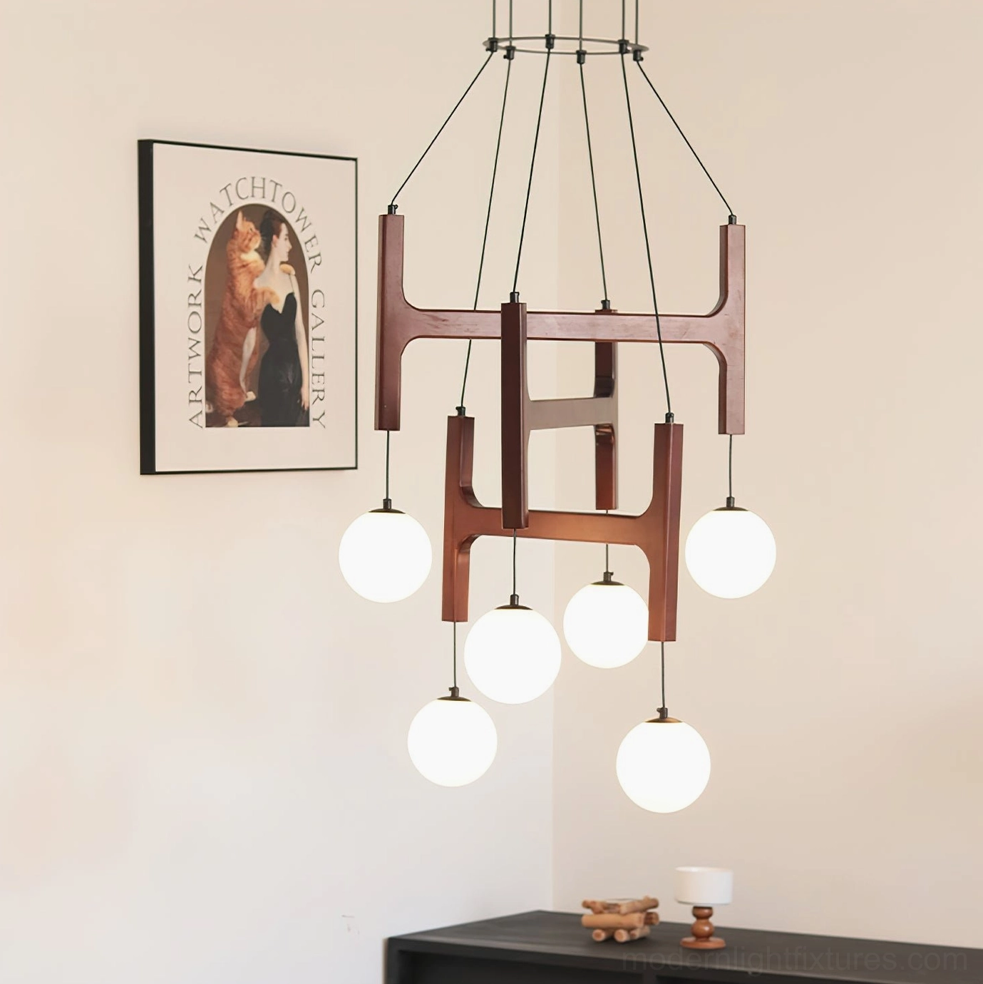 Astra multi-head wooden chandelier with opal glass globes three-quarter view