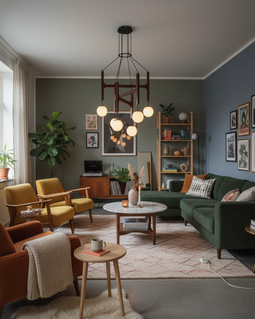 Astra wood and glass globe chandelier ceiling view retro boho living room