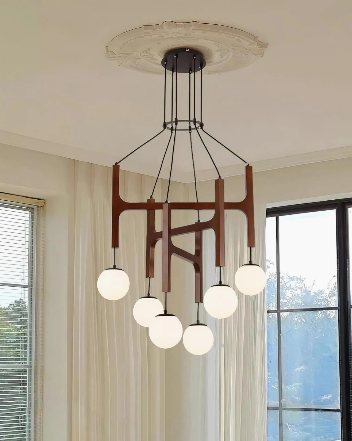 Astra wooden chandelier white glass diffusing omnidirectional light