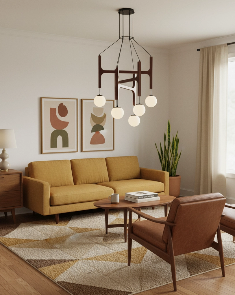 Astra wooden globe chandelier mid-century modern living room decor