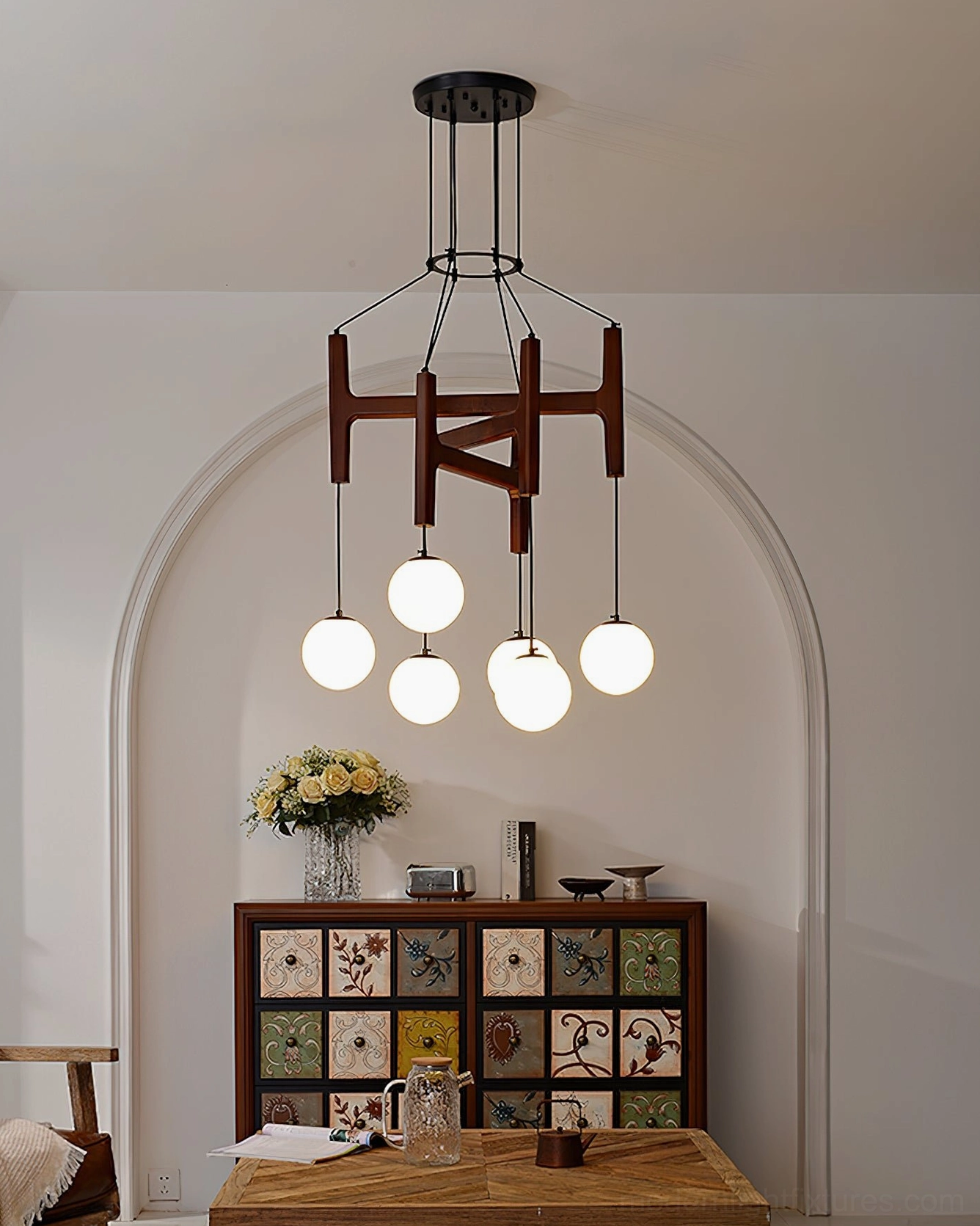 Astra wooden globe chandelier walnut frame mid-century modern aesthetic
