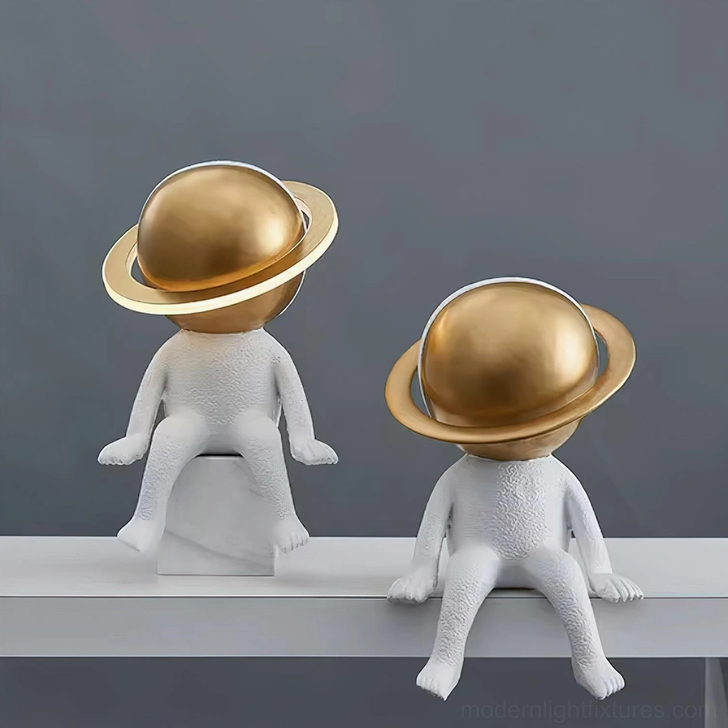 Astronaut Halo lamp contemporary interior styling on wooden surface with neutral décor