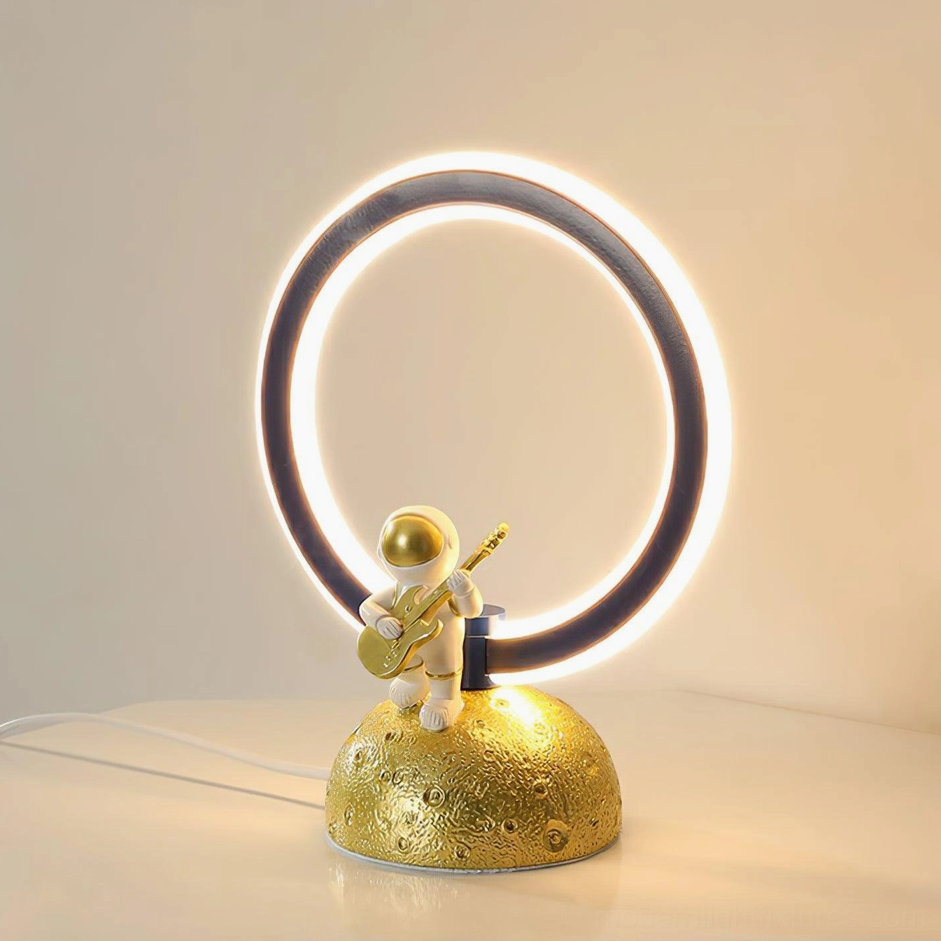 Modern astronaut lamp resin body metal accents contemporary interior design