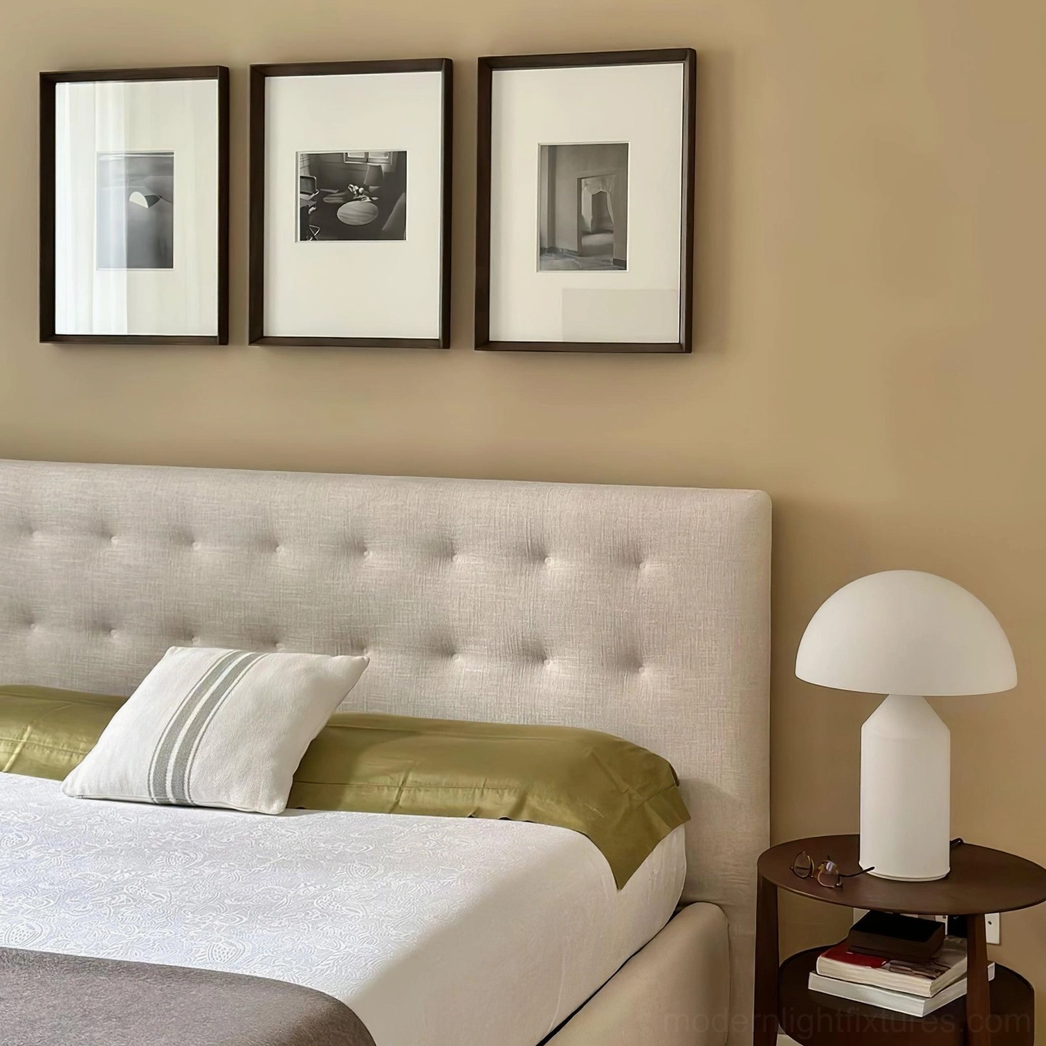 Atollo bedside table lamp in master bedroom, warm minimalist home styling