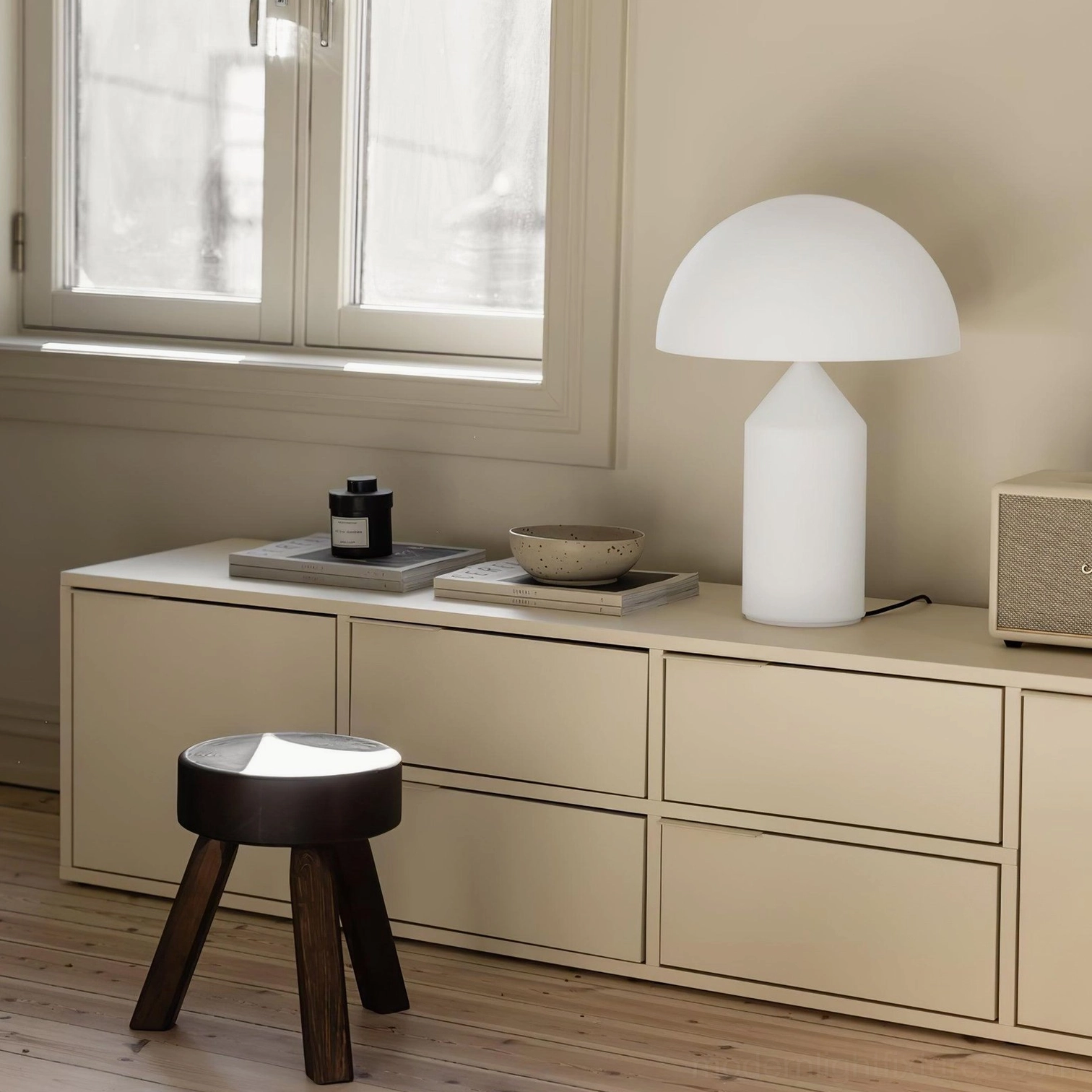 Atollo table lamp geometric design detail, modern Italian lighting