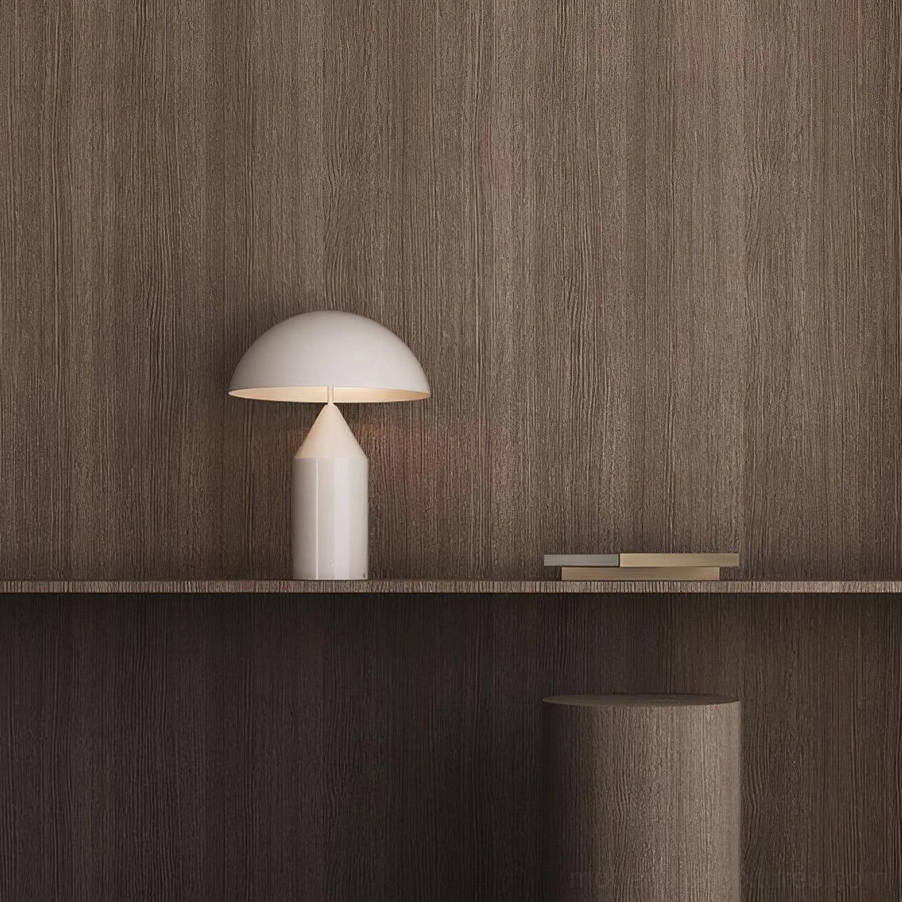 White Atollo geometric lamp on wooden wall shelf, modern minimalist aesthetic