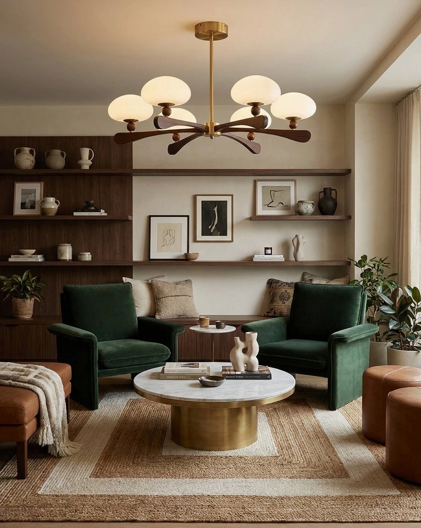 Mid-century modern 6-arm chandelier hanging in vintage-inspired living room with green velvet sofa, complementing retro interior design