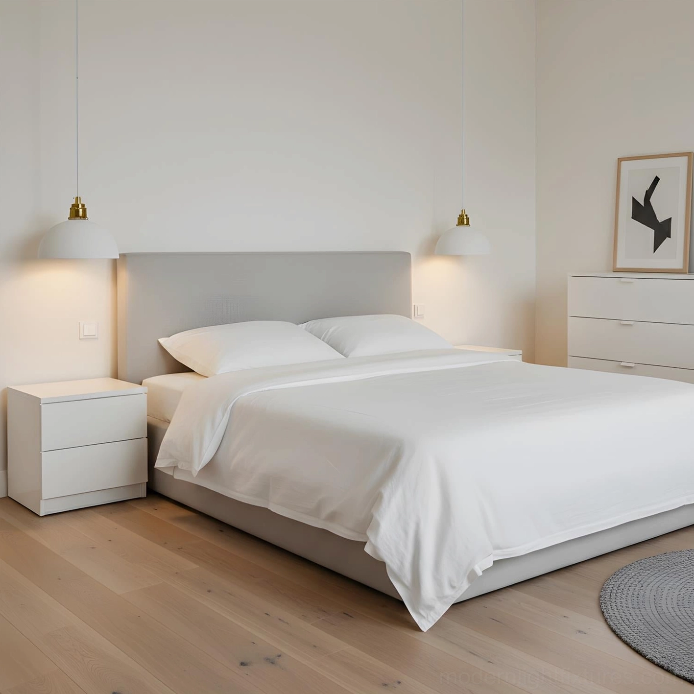 Aura Bell pendant light installed as bedside fixture in Scandinavian master bedroom with warm neutral tones and contemporary decor