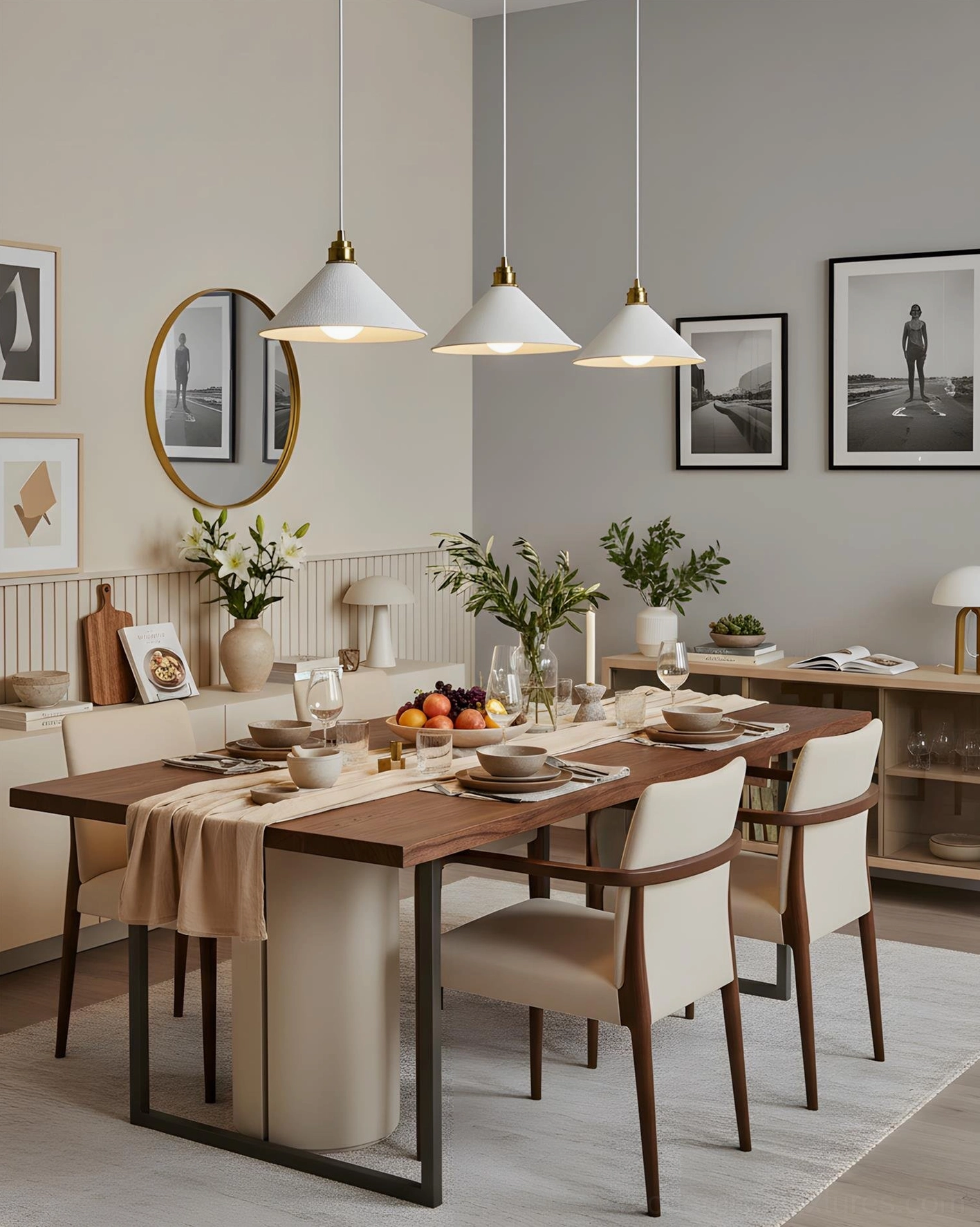 Aura Bell pendant lights in elegant modern dining room setting with warm ambient lighting and sophisticated interior atmosphere