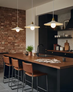 Multiple Aura Bell pendant lights installed in modern kitchen with white cabinetry, brick wall, and retro minimalist interior design