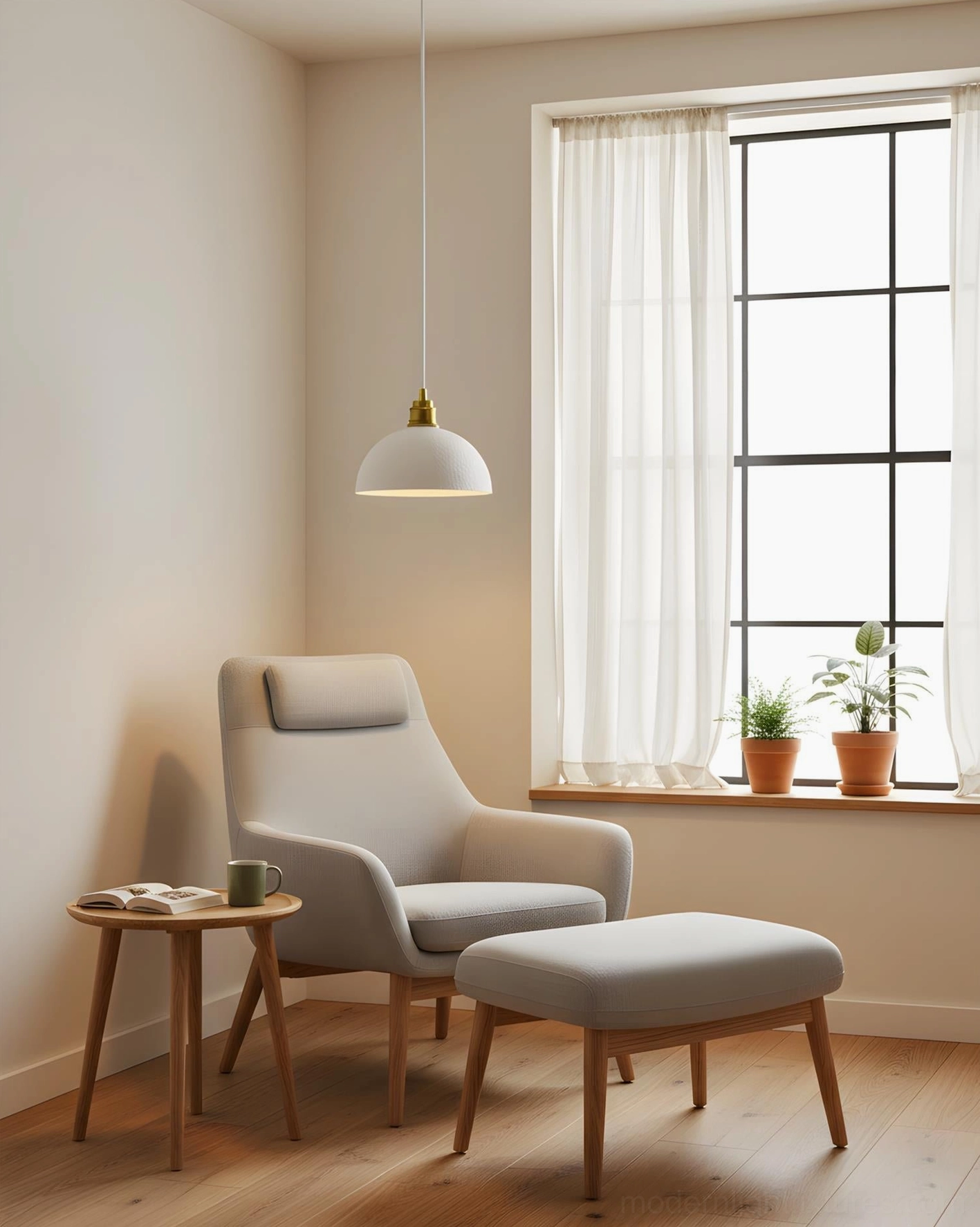 Aura Bell pendant light in cozy living room reading corner with minimalist warm interior aesthetic and brass hardware