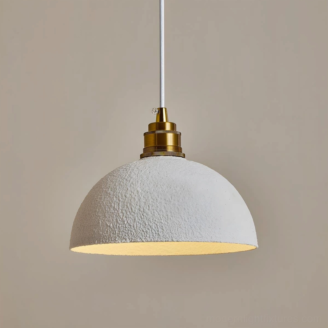 Aura Bell Model A compact pendant light with brass metallic top and white dome shade, size-appropriate for accent installations