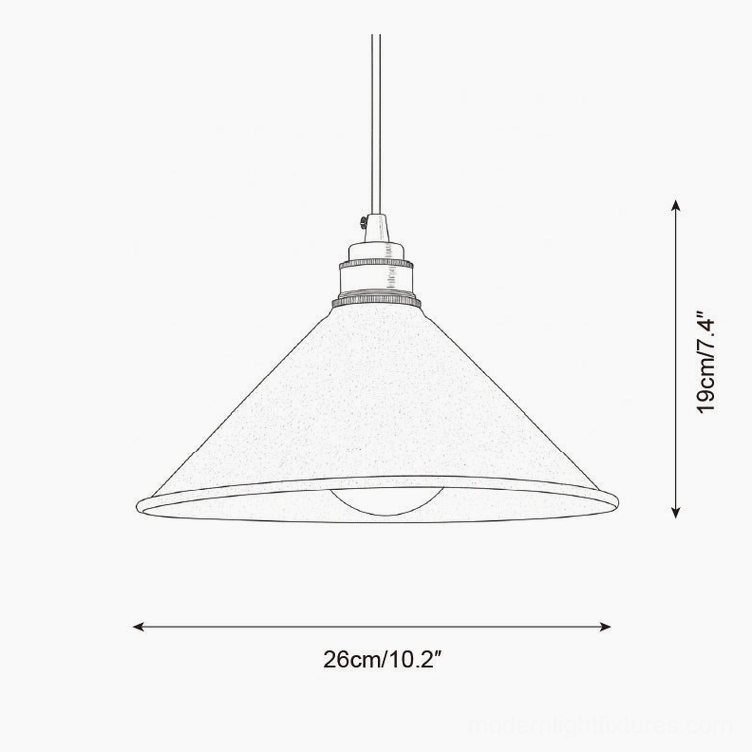 Aura Bell Model B technical drawing with conical shade design, dimensions 26cm diameter by 19cm height