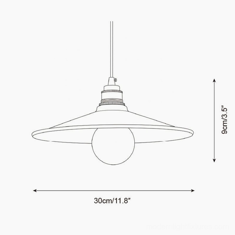 Aura Bell Model C technical drawing showing wide disc pendant lamp with exposed bulb, 30cm diameter by 9cm height