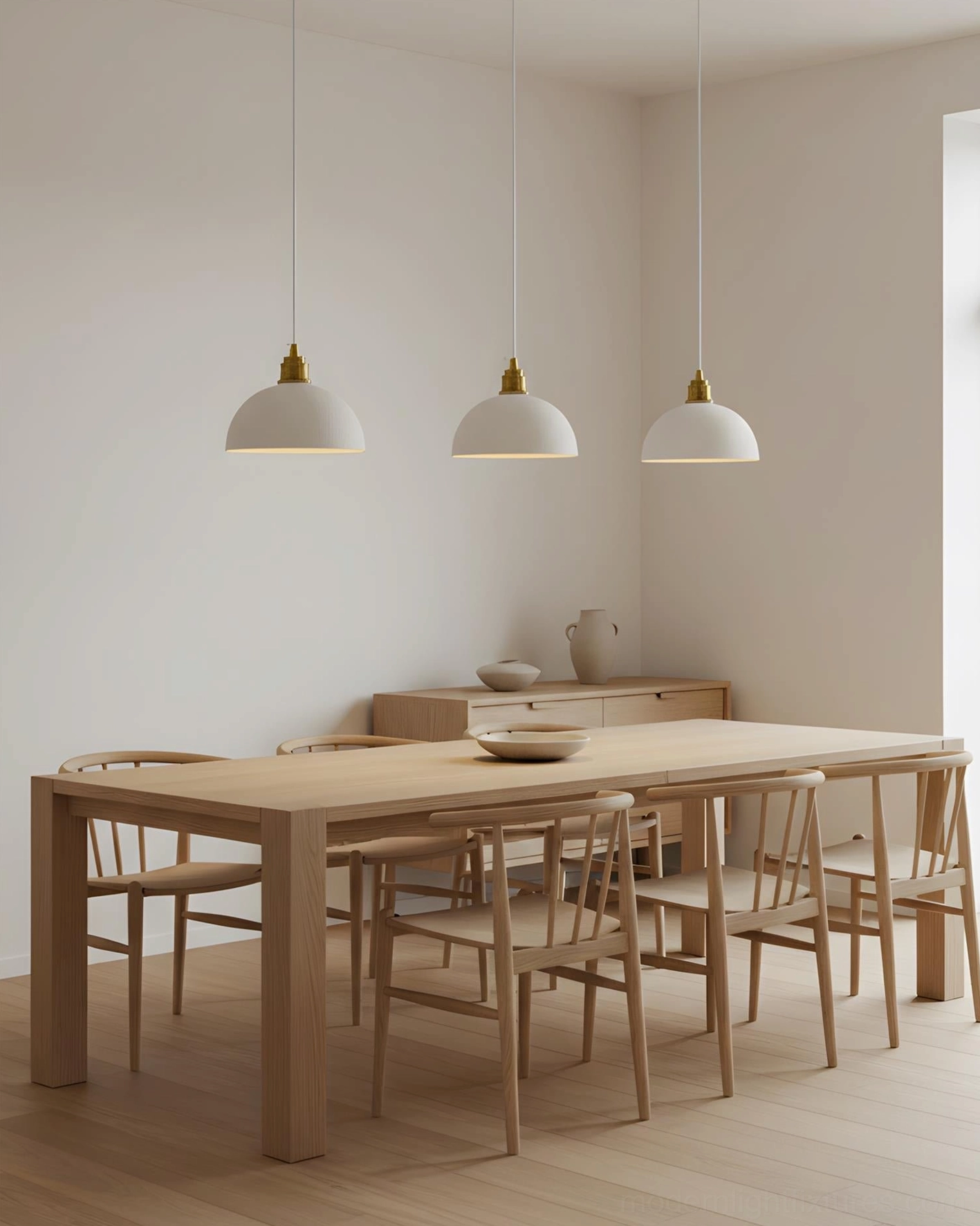 Close-up detail of Aura Bell pendant light showing brass metallic top hardware and white textured dome shade construction