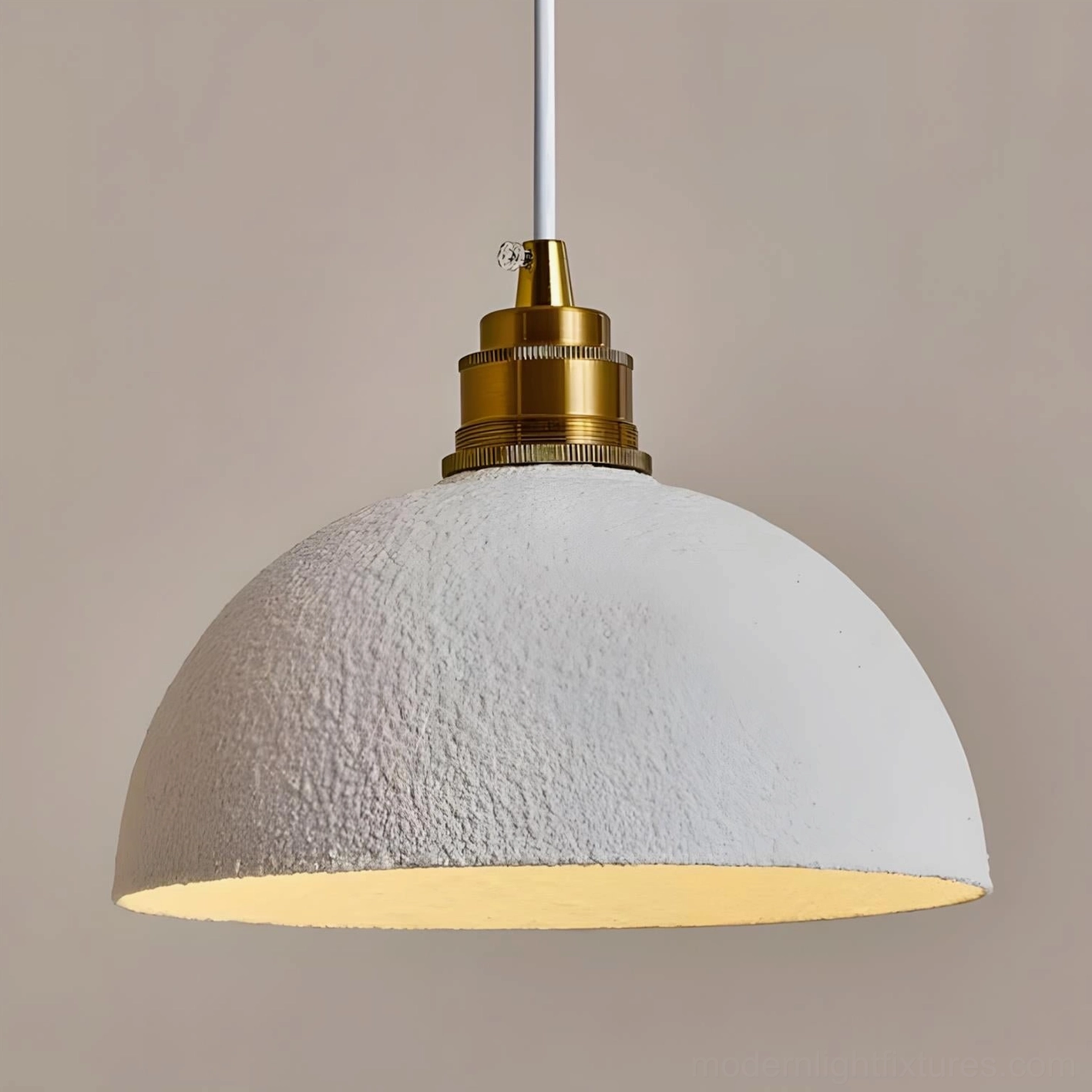 Aura Bell pendant light with white finish metallic hardware, contemporary minimalist dome design, product front angle view