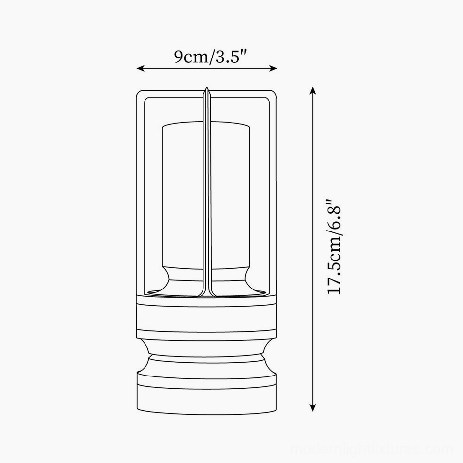Aura Gleam table lamp technical dimensions drawing showing 9cm diameter and 17.5cm height orthographic projection