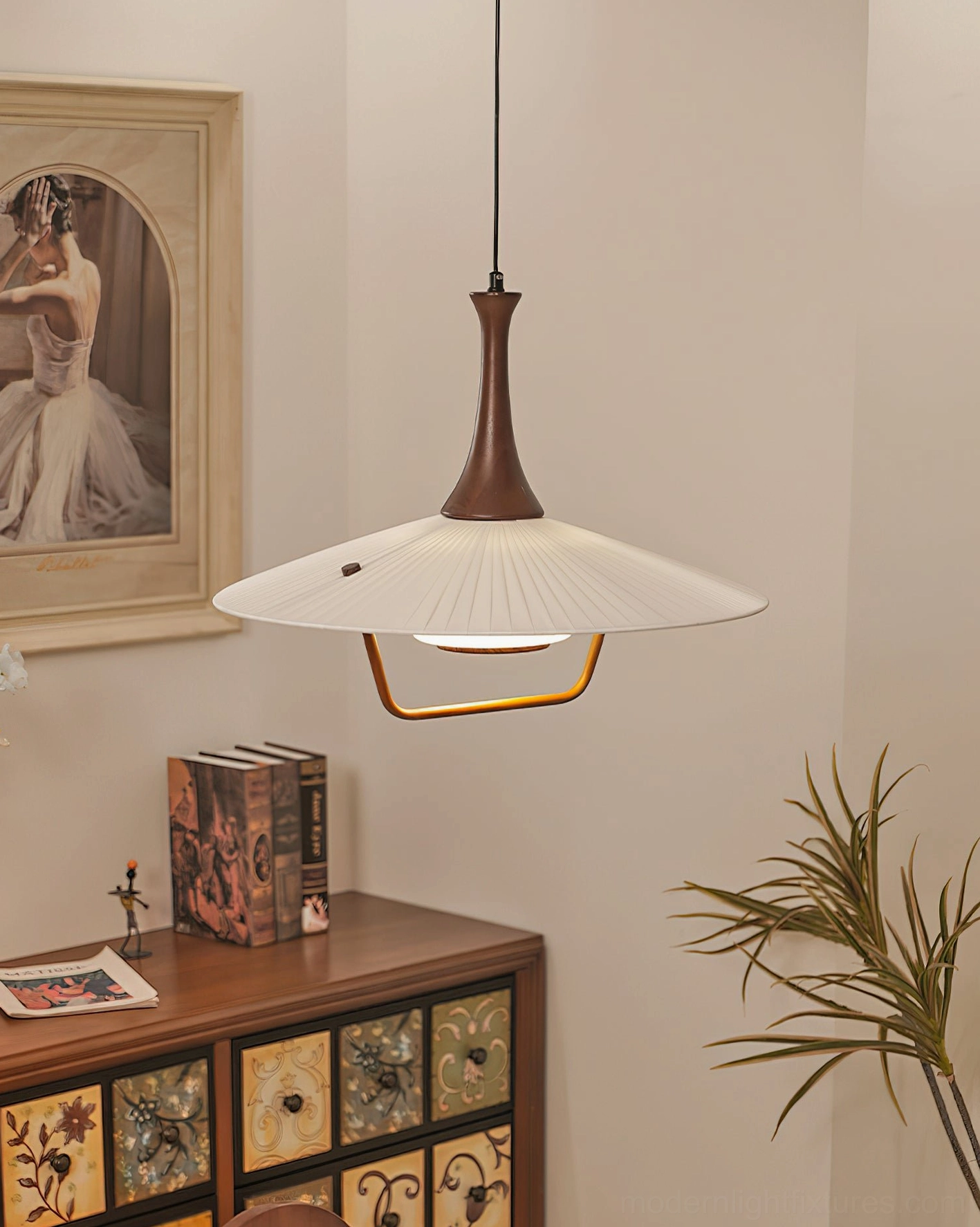 Aura modern pendant ceiling lamp with walnut finish wood and pleated off-white shade hanging position