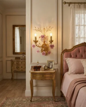 Aureflora dual-head wall lamp lit in luxury vintage bedroom interior, romantic pink roses with warm candle bulbs illuminated
