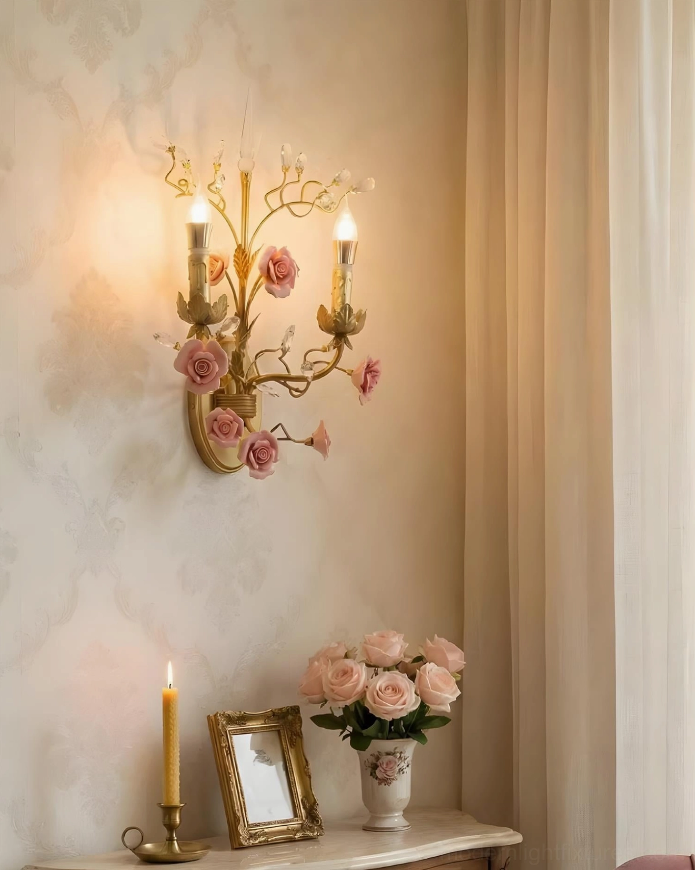 Aureflora small floral wall lamp in cozy living room corner with lit warm bulbs and gold metal frame