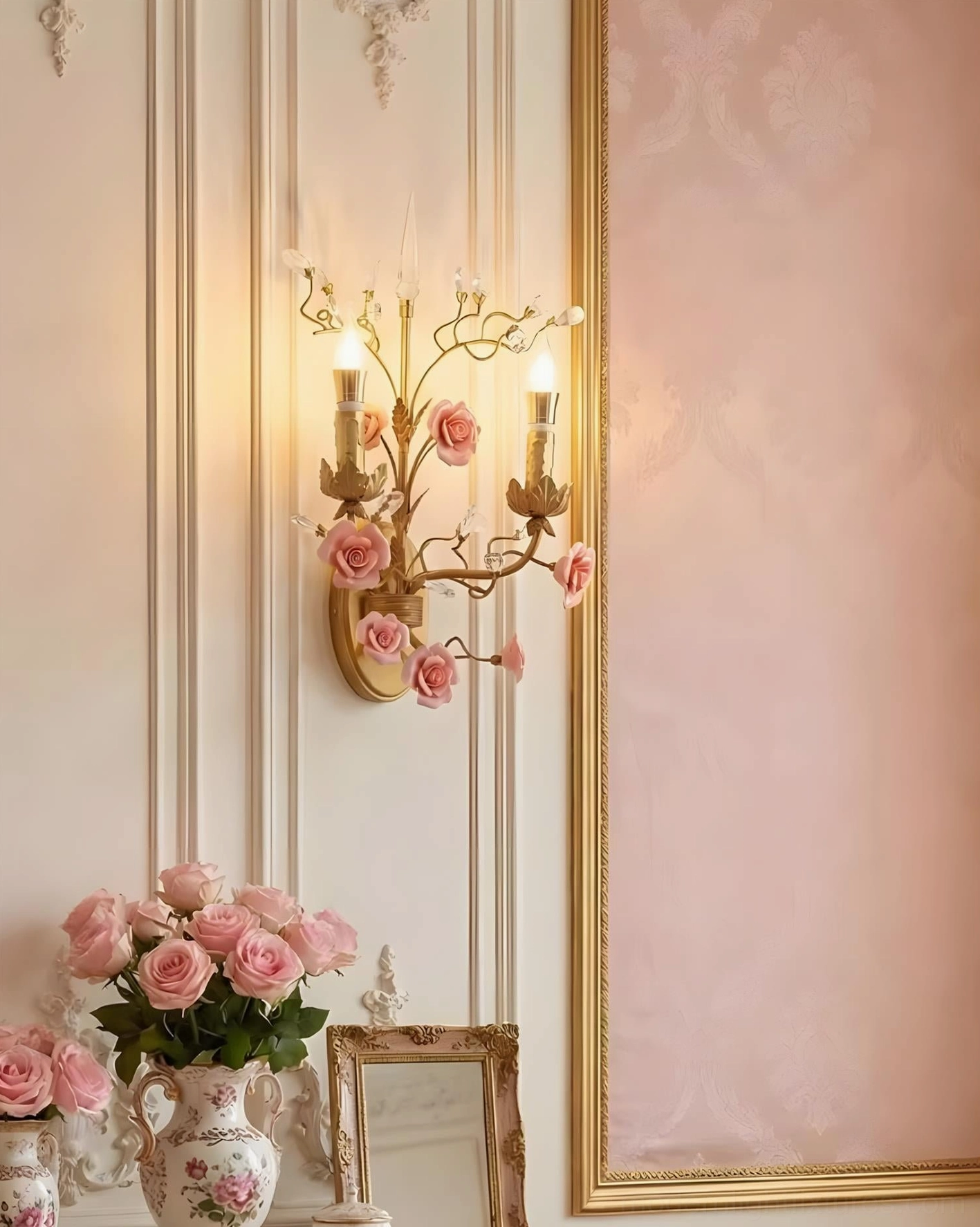 Aureflora dual-head floral wall lamp in elegant vintage interior space, coordinating side table with flower vase