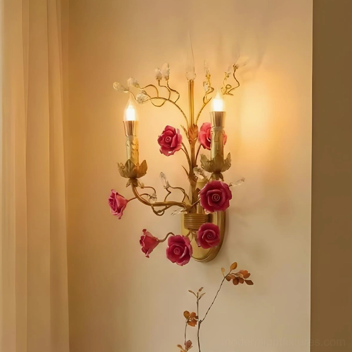 Aureflora deep red rose wall sconce close-up with warm candle lighting on bedroom accent wall