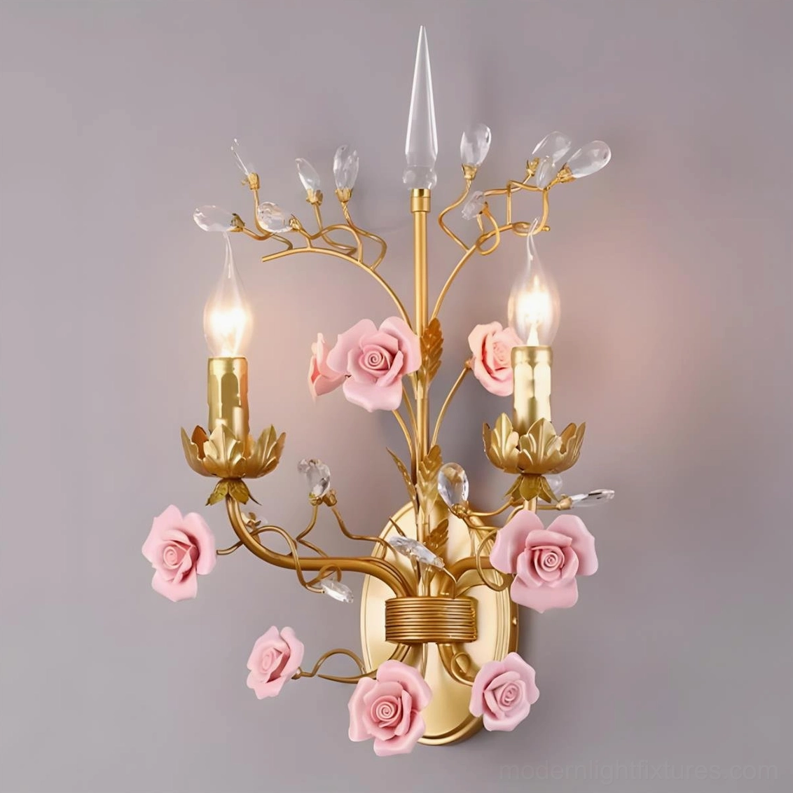 Aureflora romantic floral wall sconce detail of ceramic blooms and crystal elements on copper gold frame