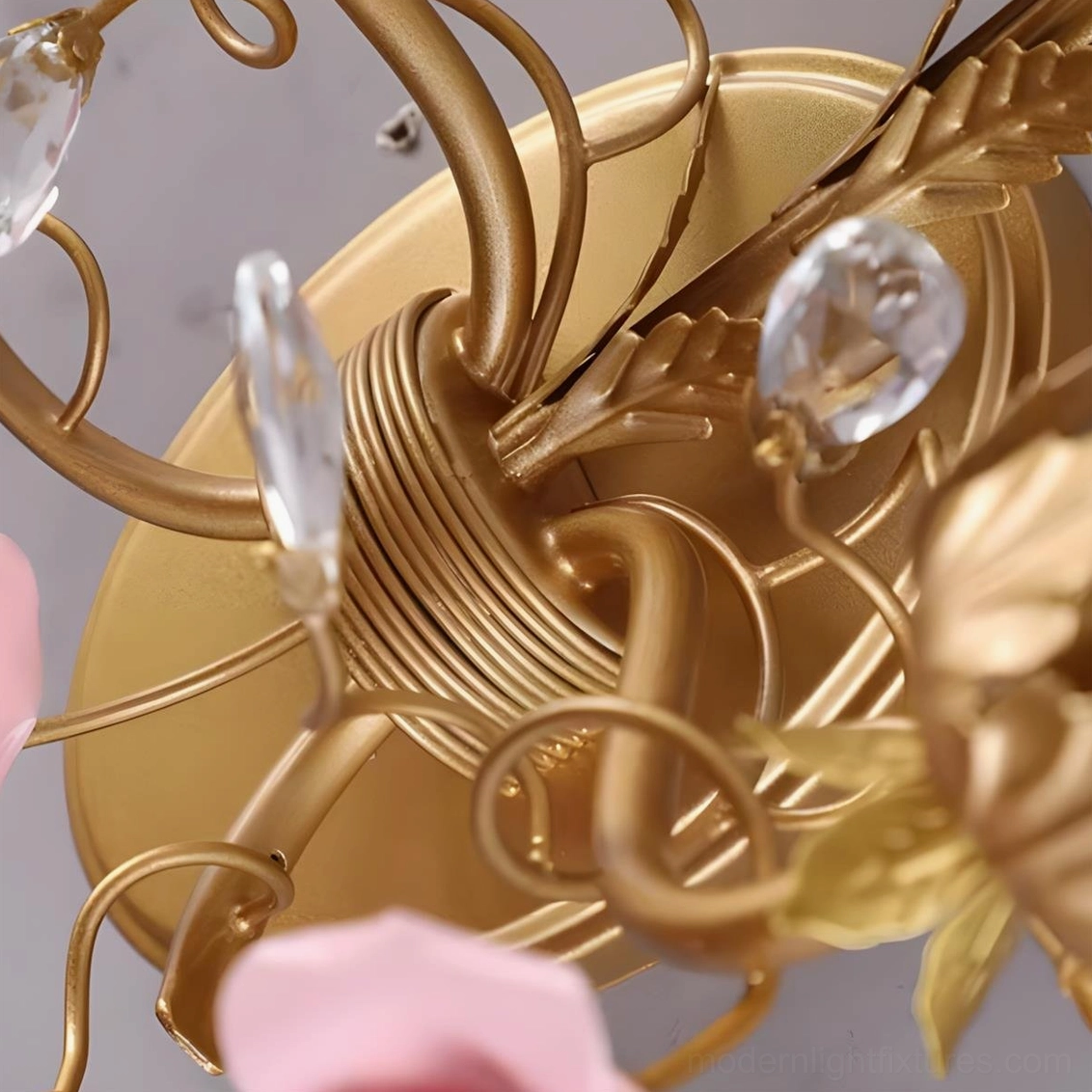Aureflora floral wall sconce product detail showing ceramic roses, crystal accents, and metal frame construction