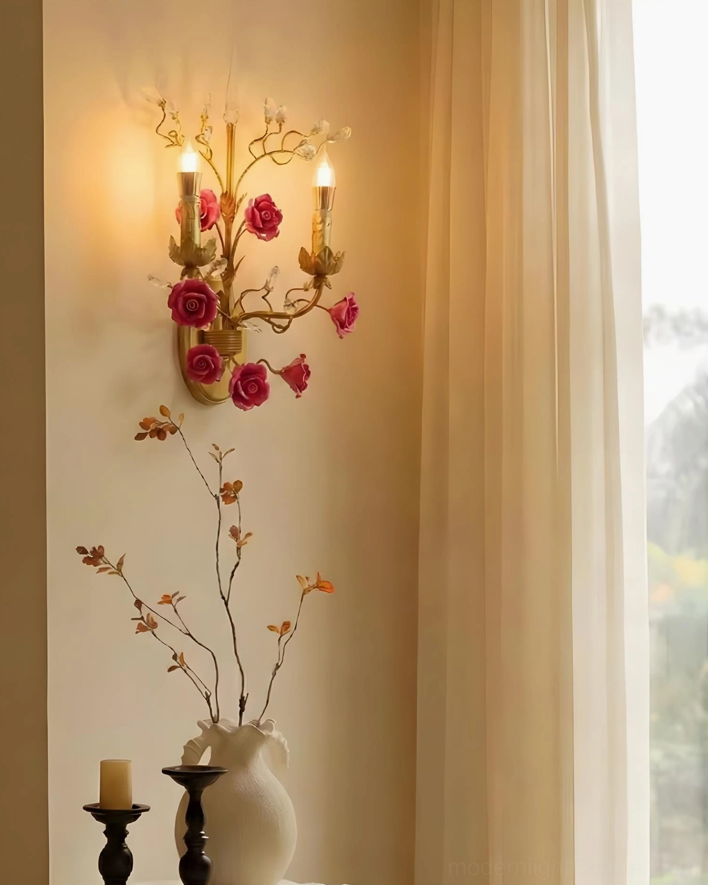 Aureflora deep red rose wall sconce close-up mounted on bedroom wall coordinating with tabletop decor