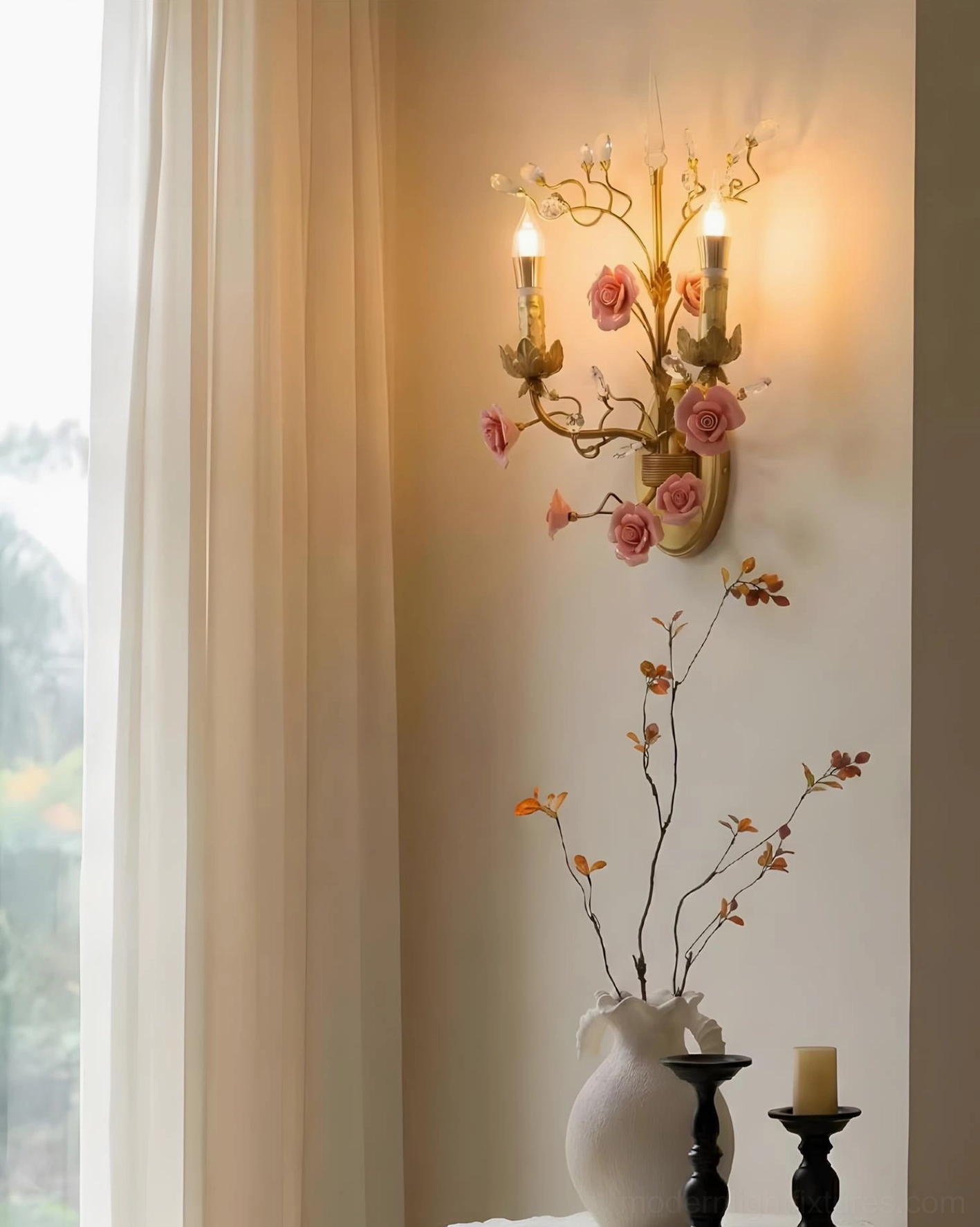 Aureflora dual-head floral wall sconce in sunlit bedroom corner, romantic vintage style matching table decor